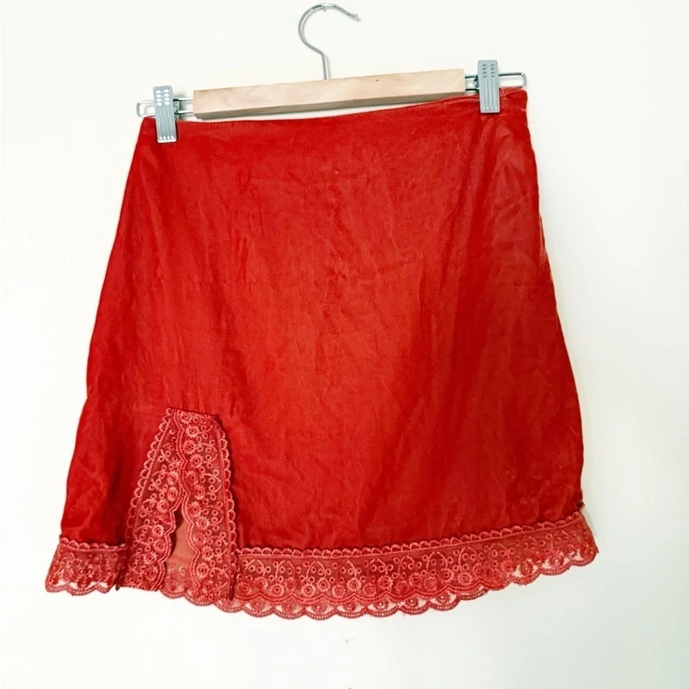 UO Lucy Velvet Lace Trim Mini Slip Skirt Rust Orange